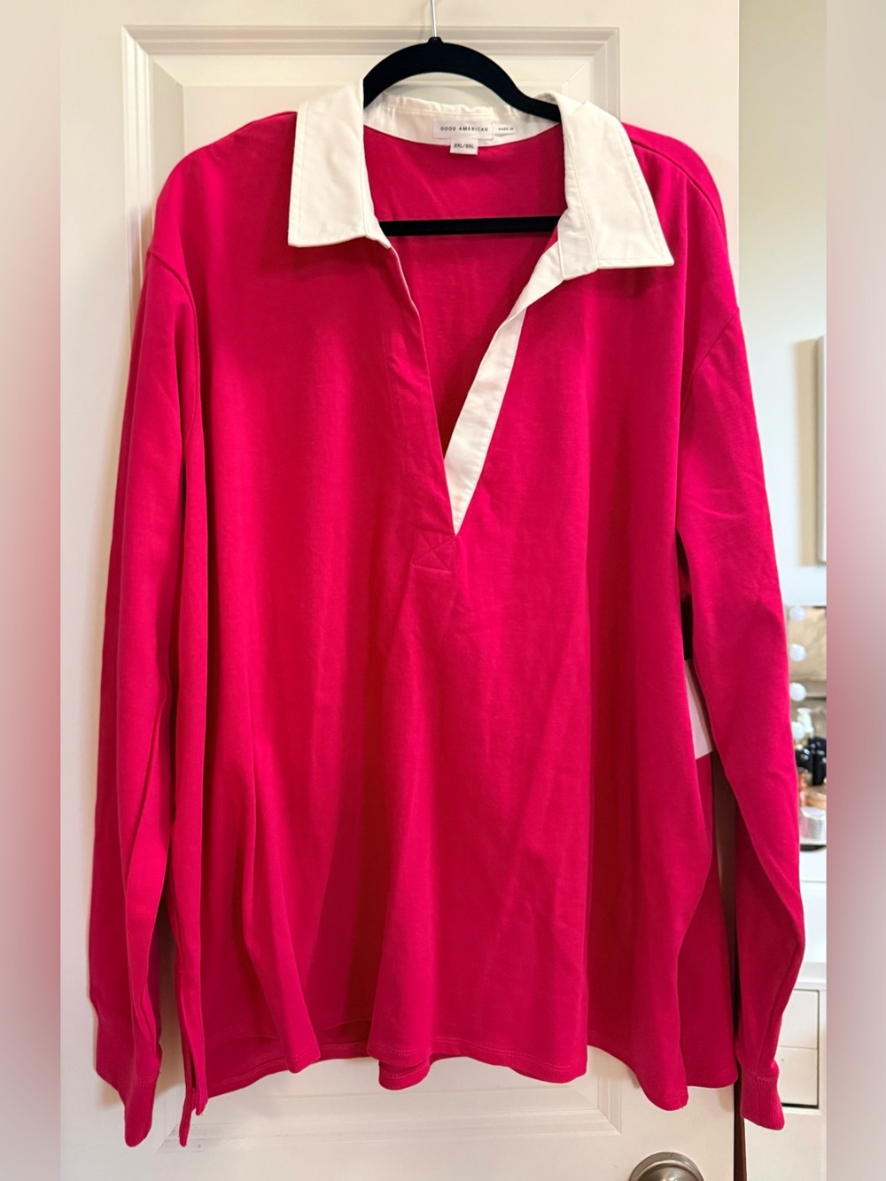 Good American Hot Pink Rugby-Style Long Sleeve Top with White Collar